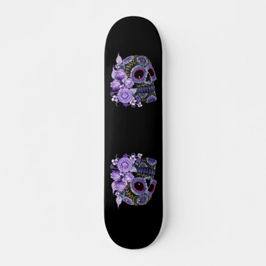 Paarse Floral Black Sugar Skull Day of the Dead Persoonlijk Skateboard (Voorkant)