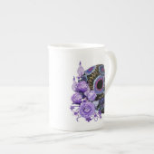 Paarse Floral Black Sugar Skull Day of the Dead Porselein Kop (Voorkant rechts)