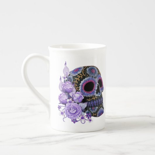 Paarse Floral Black Sugar Skull Day of the Dead Porselein Kop (Links)