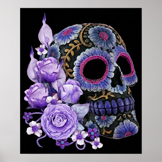 Paarse Floral Black Sugar Skull Day of the Dead Poster (Voorkant)