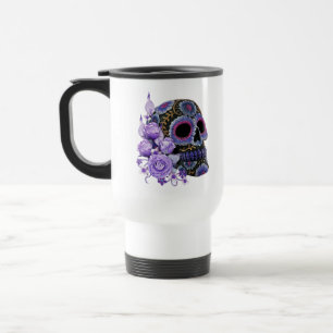 Paarse Floral Black Sugar Skull Day of the Dead Reisbeker