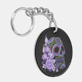 Paarse Floral Black Sugar Skull Day of the Dead Sleutelhanger (Voorkant Links)