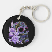 Paarse Floral Black Sugar Skull Day of the Dead Sleutelhanger (Achterkant)