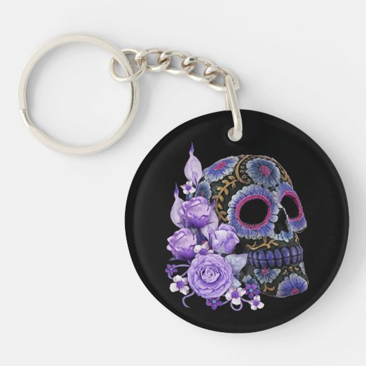 Paarse Floral Black Sugar Skull Day of the Dead Sleutelhanger (Voorkant)