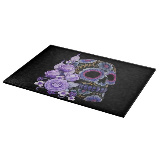 Paarse Floral Black Sugar Skull Day of the Dead Snijplank (Hoek)