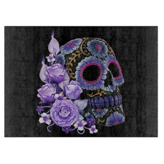 Paarse Floral Black Sugar Skull Day of the Dead Snijplank (Voorkant)