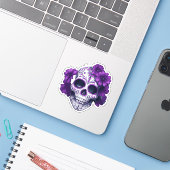 Paarse Floral Black Sugar Skull Day of the Dead Sticker (Laptop met iPhone)