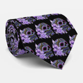 Paarse Floral Black Sugar Skull Day of the Dead Stropdas (Opgerold)