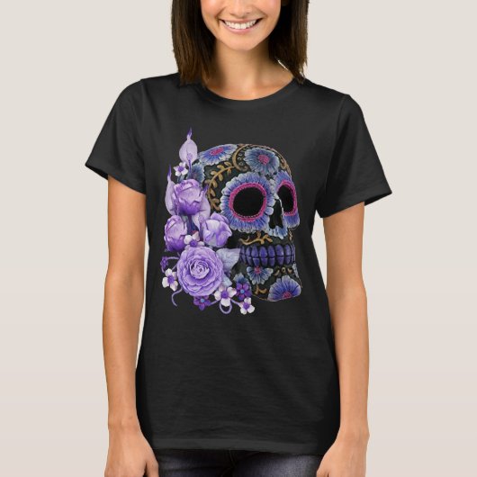 Paarse Floral Black Sugar Skull Day of the Dead T-shirt (Voorkant)