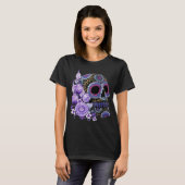 Paarse Floral Black Sugar Skull Day of the Dead T-shirt (Voorkant volledig)