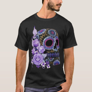 Paarse Floral Black Sugar Skull Day of the Dead T-shirt