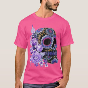 Paarse Floral Black Sugar Skull Day of the Dead T-shirt