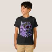 Paarse Floral Black Sugar Skull Day of the Dead T-shirt (Voorkant volledig)