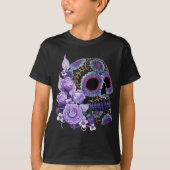 Paarse Floral Black Sugar Skull Day of the Dead T-shirt (Voorkant)