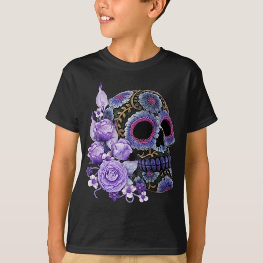Paarse Floral Black Sugar Skull Day of the Dead T-shirt (Voorkant)
