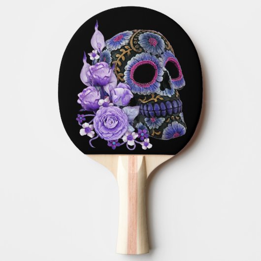 Paarse Floral Black Sugar Skull Day of the Dead Tafeltennisbatje (Voorkant)