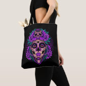 Paarse Floral Black Sugar Skull Day of the Dead Tote Bag (Dichtbij)