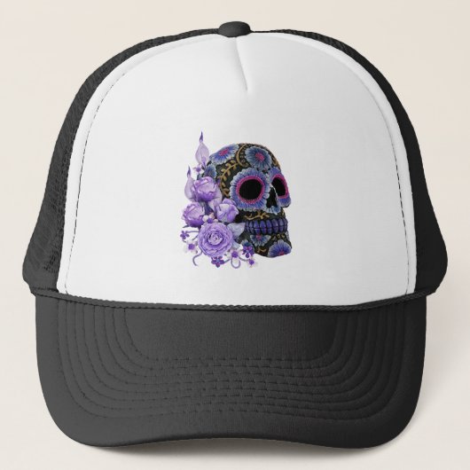 Paarse Floral Black Sugar Skull Day of the Dead Trucker Pet (Voorkant)