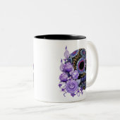 Paarse Floral Black Sugar Skull Day of the Dead Tweekleurige Koffiemok (Voorkant rechts)