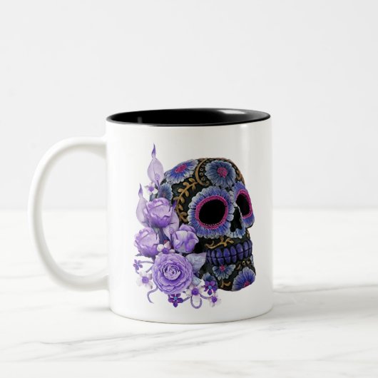Paarse Floral Black Sugar Skull Day of the Dead Tweekleurige Koffiemok (Links)