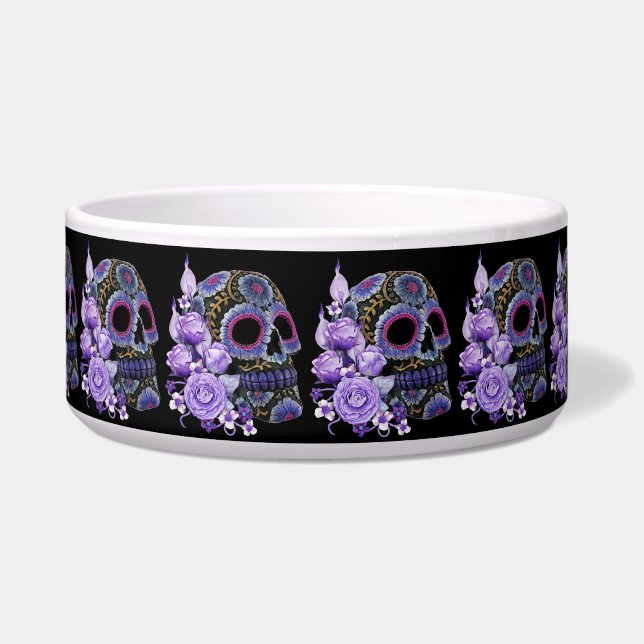 Paarse Floral Black Sugar Skull Day of the Dead Voerbakje (Voorkant)