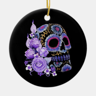 Paarse Floral Black Sugar Skull Keramisch Ornament