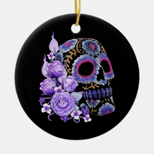 Paarse Floral Black Sugar Skull Keramisch Ornament (Voorkant)