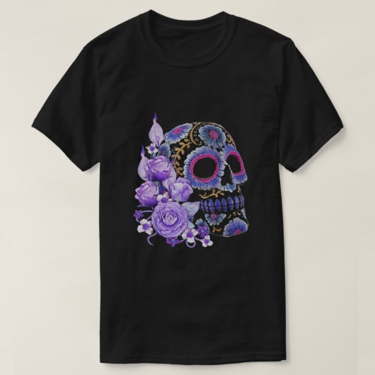 Paarse Floral Black Sugar Skull T-shirt (Design voorkant)