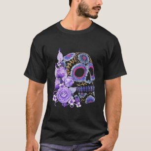 Paarse Floral Black Sugar Skull T-shirt