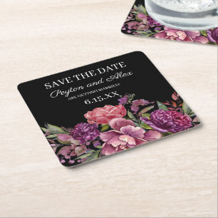 Paarse Floral Black Wedding Save the Date Kartonnen Onderzetters
