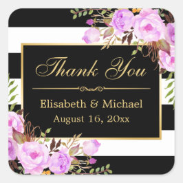 Paarse Floral Black White Striped Gold Hartelijk d Vierkante Sticker