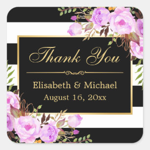 Paarse Floral Black White Striped Gold Hartelijk d Vierkante Sticker