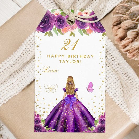 Paarse Floral Blonde Hair Girl Happy Birthday Cadeaulabel