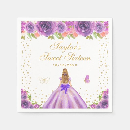 Paarse Floral Blonde Hair Princess Sweet Sixteen Servet (Voorkant)