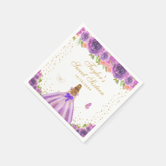 Paarse Floral Blonde Hair Princess Sweet Sixteen Servet (Hoek)
