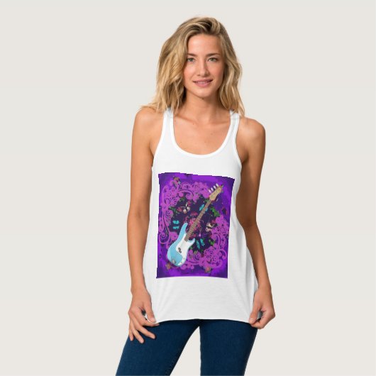 Paarse Floral Blue Bass Guitar Racerback Tanktop (Volledige Voorkant)
