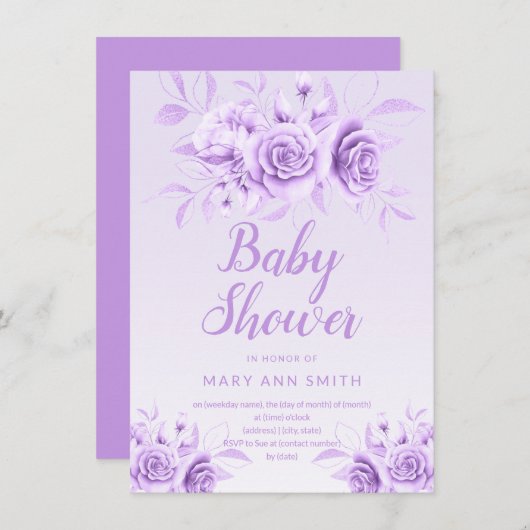Paarse Floral Blush Glitter Baby shower  Kaart (Voorkant / Achterkant)