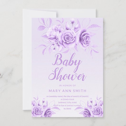 Paarse Floral Blush Glitter Baby shower  Kaart (Voorkant)
