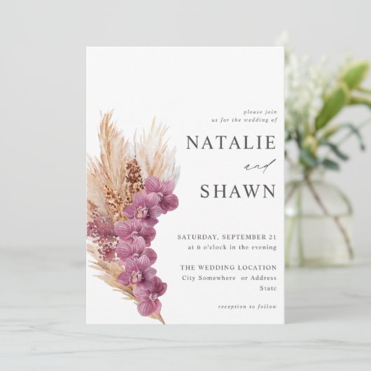 Paarse Floral Boho Wedding Kaart (Staand voorkant)