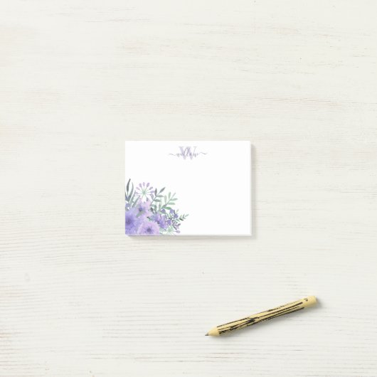 Paarse Floral Bouquet Monogram Post-It Notes (Op bureau)