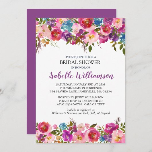 Paarse Floral Bridal Shower Invitation Sjabloon Kaart (Voorkant / Achterkant)