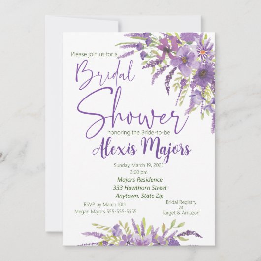 Paarse Floral Bridal Shower-uitnodiging Kaart (Voorkant)