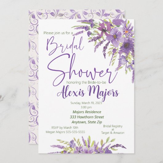 Paarse Floral Bridal Shower-uitnodiging Kaart (Voorkant / Achterkant)