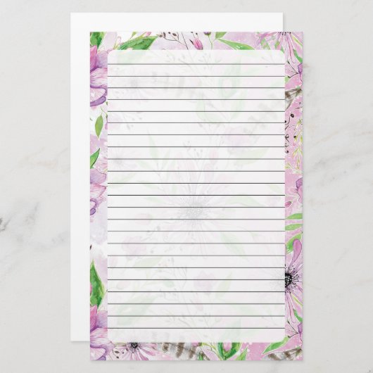 Paarse Floral Briefpapier (Voorkant / Achterkant)