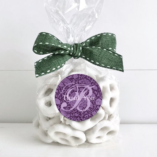 Paarse Floral Brocade Monogram Hartelijk dank Ronde Sticker