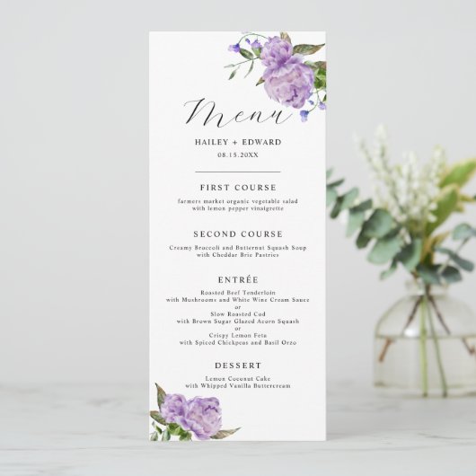 Paarse Floral bruiloft diner Menu (Staand voorkant)
