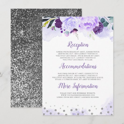 Paarse Floral bruiloft informatie gast Informatiekaartje (Voorkant / Achterkant)