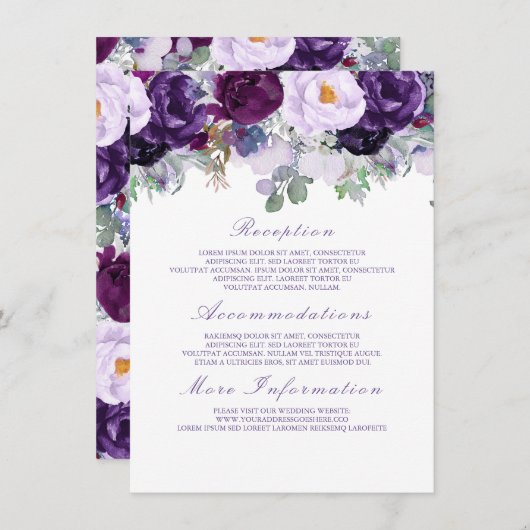 Paarse Floral bruiloft informatie Gast Kaart (Voorkant / Achterkant)