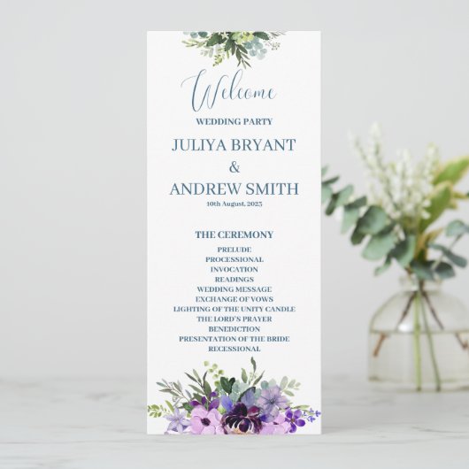 Paarse Floral bruiloft programma kaart (Staand voorkant)