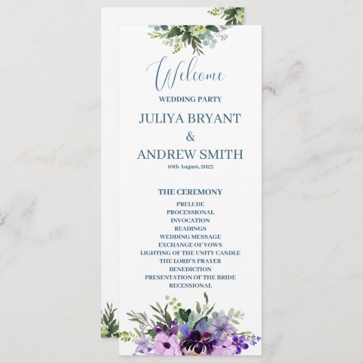 Paarse Floral bruiloft programma kaart (Voorkant / Achterkant)